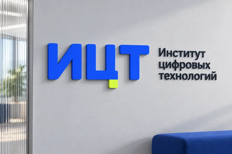Мокап объёмной синей вывески ИЦТ с русским дескриптором на светлой стене